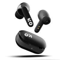 Black wireless earbuds with charging case on a white background