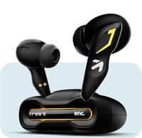 Black wireless earbuds with charging case with ENC feature
