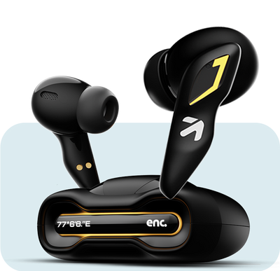 Black wireless earbuds with charging case with ENC feature